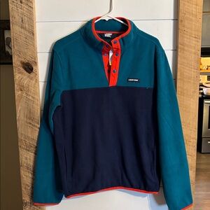 Lands’ End Mens Orange Navy Half-Zip Fleece Pullover M Med NWT